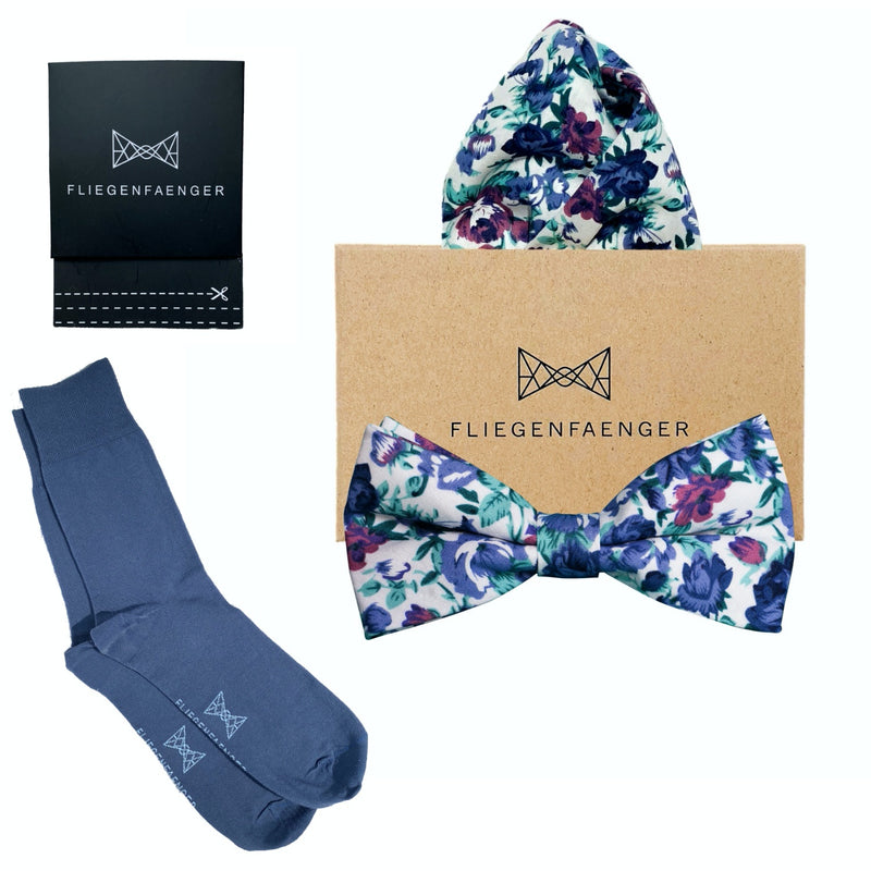 Set Komplett "Blume" Fliege Einstecktuch Socken